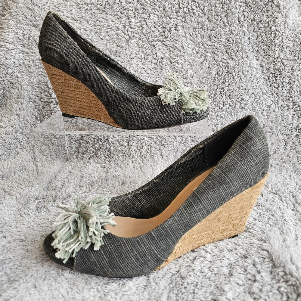 Zara Women's Peep Toe Pom Pom Slip On‎ Pump Wedge Espadrille Sandals 37 Sz 6.5
